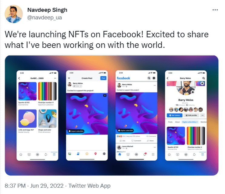 Tweet showing Facebook's new NFT feature.