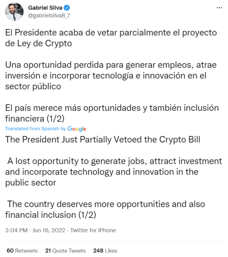 Tweet about Panama's crypto bill