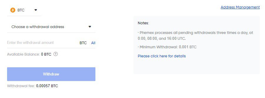Withdrawal Page on Phemex