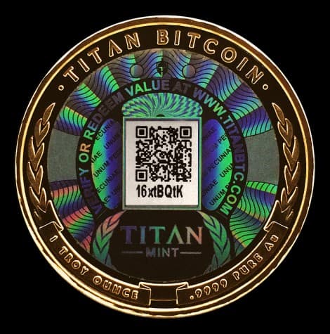A Physical Bitcoin sold by Titan Bitcoins. Image Titan Bitcoins
