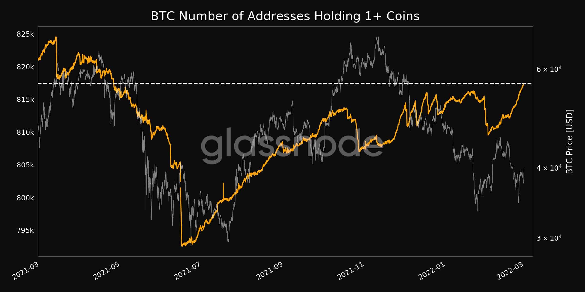 Bitcoin 1+ Addresses. Source: Glassnode