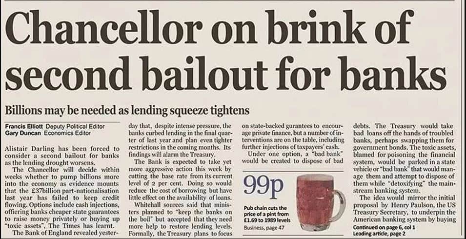 The Times Article From January 3rd, 2009 (Bitcoin's launch date). Source: The Chain Bulletin