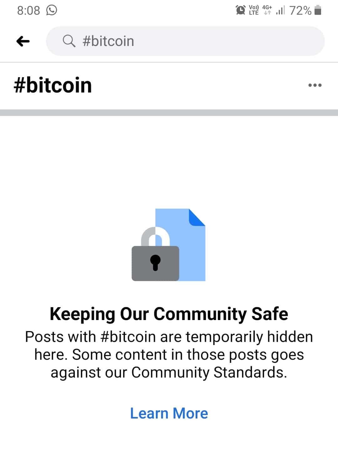 Facebook has hidden search results for #Bitcoin. Image: Facebook
