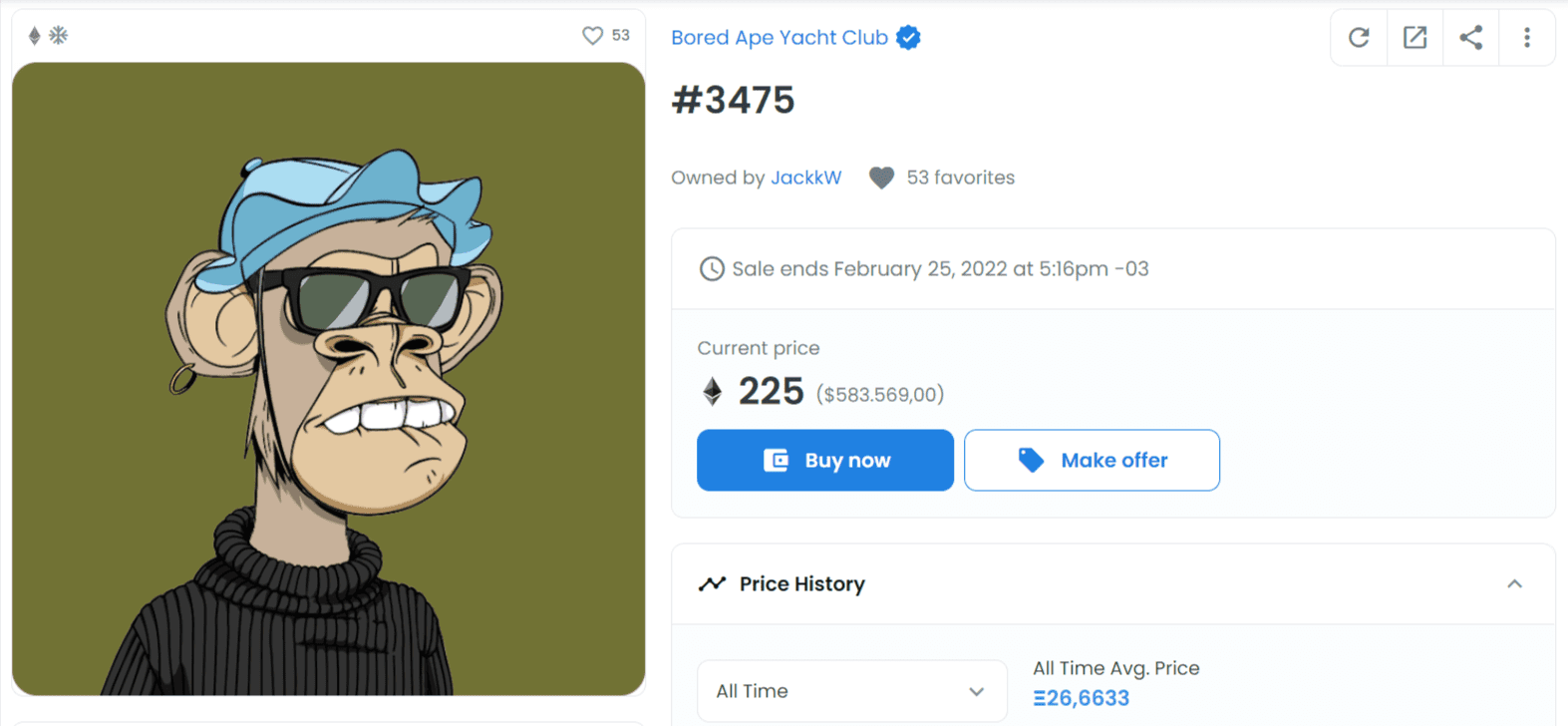 McKimmy's Bored Ape Yatch CLub NFT is being sold for 225ETH in Opensea. Image: Opensea