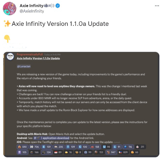 Tweet from Axie Infinity showing the most important changes that will take place with the update v1.1.0a