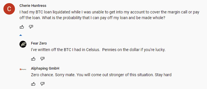 Users got liquidaated when Celsius paused withdrawals. Source: Youtube