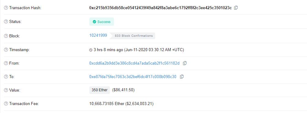 Ethereum Transaction. Source: Etherscan