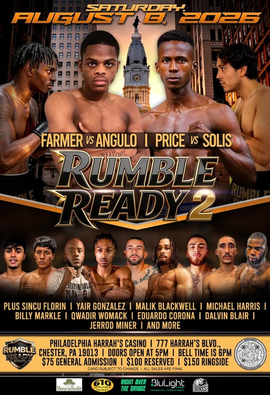 Rumble Ready 2 — Devin Price vs Solis fight poster, Saturday August 8 2026, Harrah's Casino Chester PA