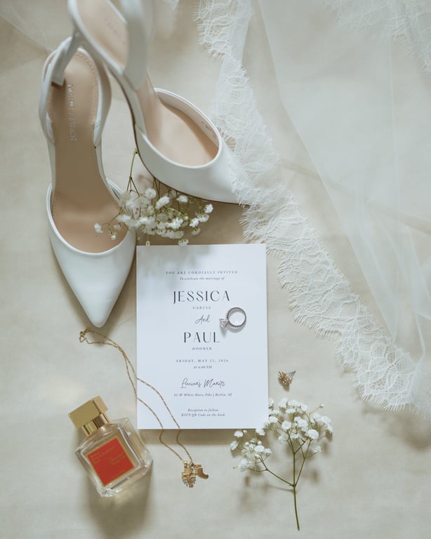 Wedding invitation and rings flat lay