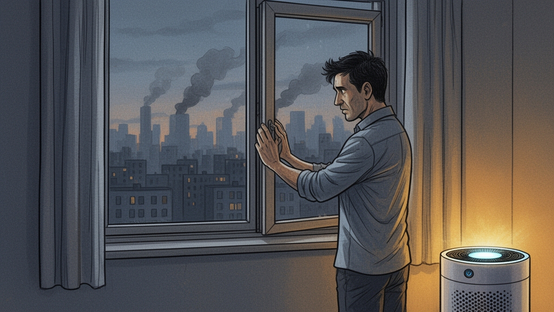 Illustration of a man closing his apartment window against a smog-covered city skyline at dusk, with an air purifier glowing beside him