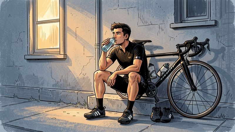 Illustration of a man in cycling clothing sitting on a concrete step beside a road bike, drinking from a water bottle in cool evening light with warm amber from a window.