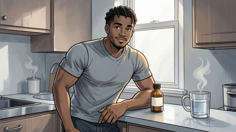 A person leaning against a kitchen counter with an unlabelled glass vial and a glass of water on the counter beside them.