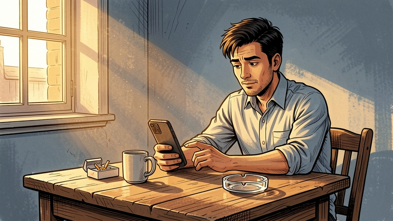 A man sitting at a kitchen table looking at his phone, with a cigarette pack and ashtray nearby, warm morning light falling across the table.