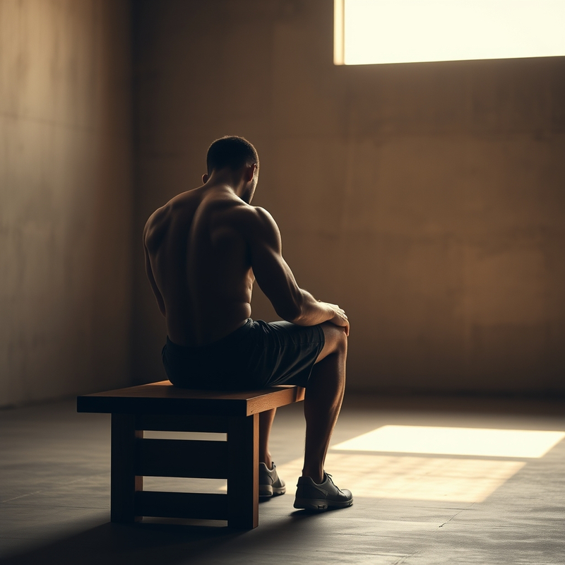 A muscular man seen from behind, sitting alone on a wooden bench in a minimalist gym with warm window light across his back.