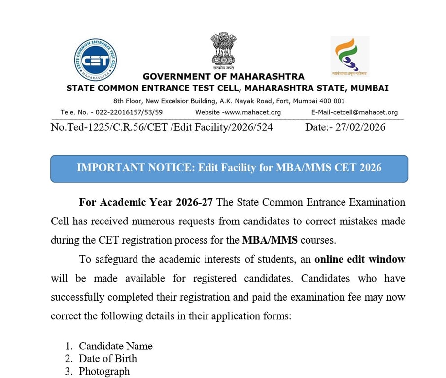 Edit Facility for MBA/MMS CET 2026