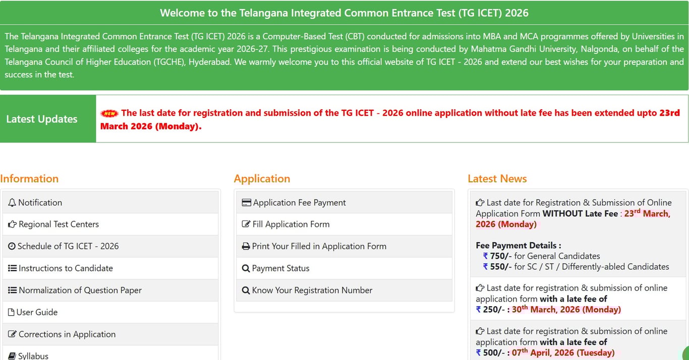 TGICET 2026 Registration Last Date Extended: Official Notification