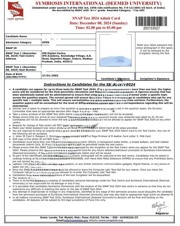 snap aDMIT CARDS