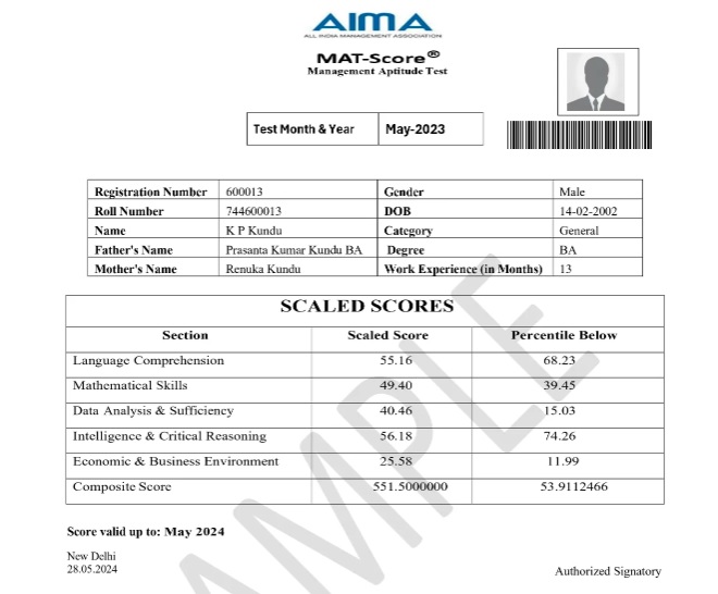 Official AIMA MAT Result Cum Score Card 