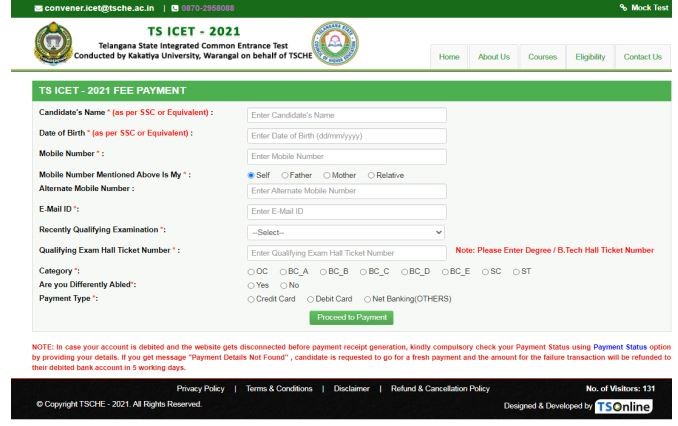 TS ICET Registration & Fee Payment Form