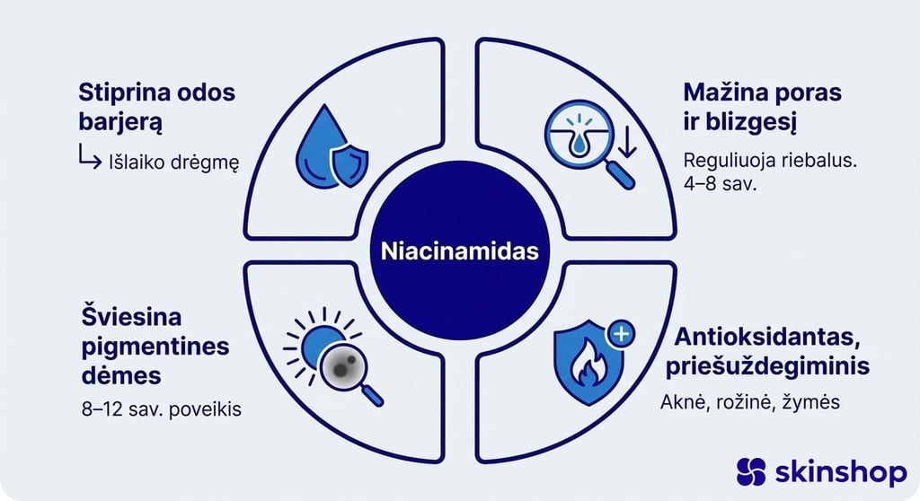 Niacinamido nauda odai – 4 pagrindiniai poveikiai: barjero stiprinimas, porų mažinimas, hiperpigmentacijos švesinimas ir priešuždegiminis efektas
