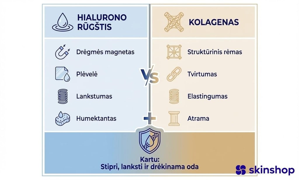 Hialurono rūgštis ir kolagenas palyginimas: skirtingos funkcijos ir sinergija odos elastingumui
