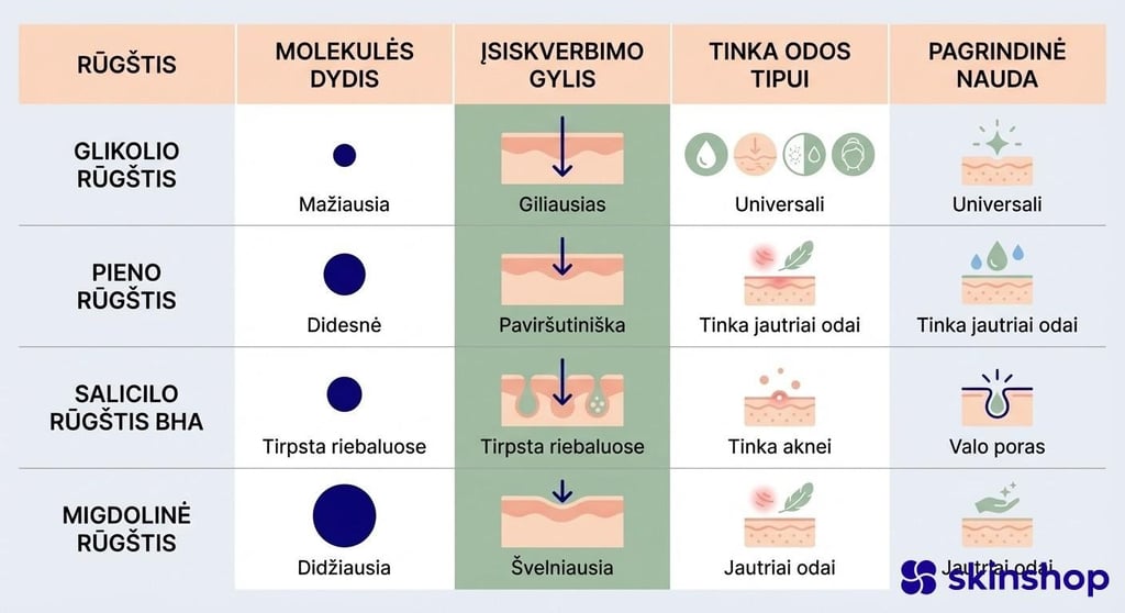 AHA rūgščių palyginimas: glikolio, pieno, salicilo ir migdolinės rūgšties molekulės dydis, įsiskverbimo gylis ir tinkamas odos tipas
