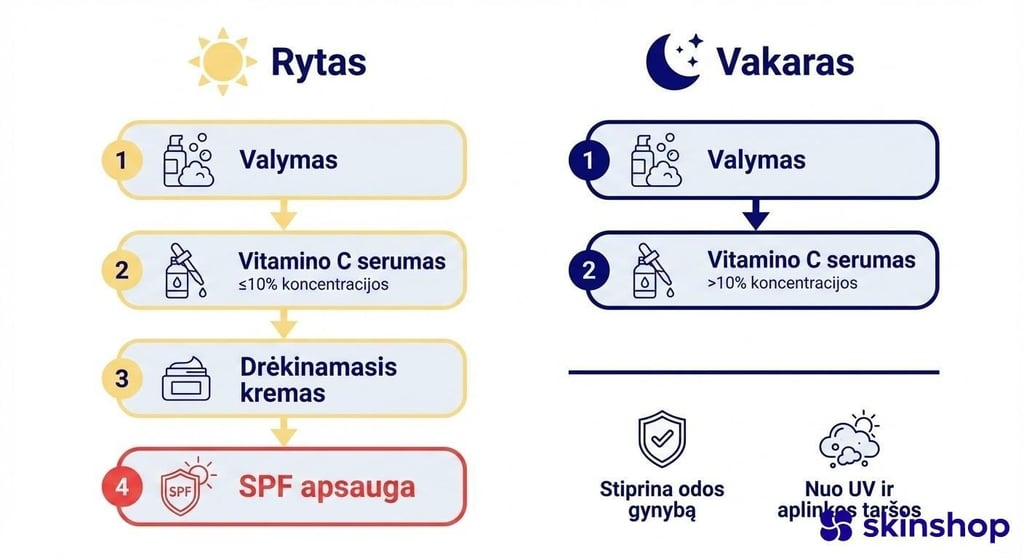 Vitamino C serumas rytinė ir vakarinė naudojimo rutina: žingsnis po žingsnio veido priežiūros tvarka ryte su SPF ir vakare pagal koncentraciją
