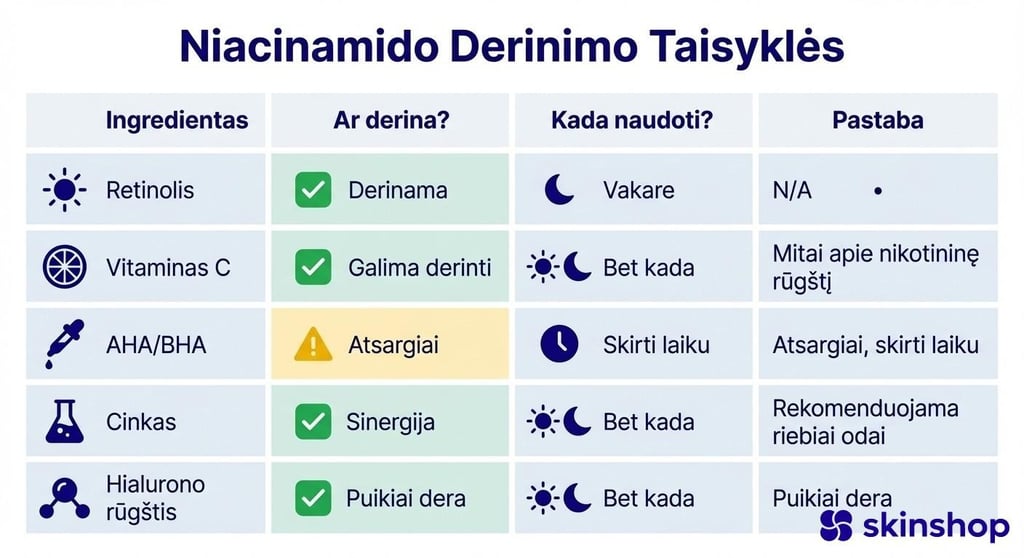 Niacinamido derinimas su retinoliu vitaminu C AHA BHA cinku ir hialurono rūgštimi – suderinamumo lentelė
