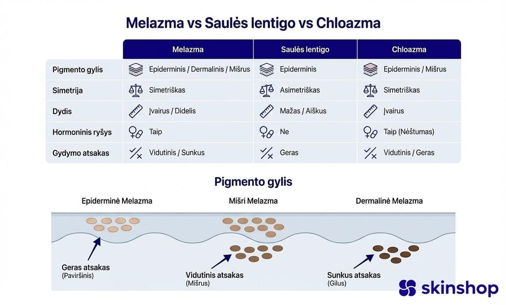 Melazmos tipų palyginimas pagal pigmento gylį: epiderminis, derminis ir mišrusis tipas, skirtumas nuo saulės lentigo ir chloazmos
