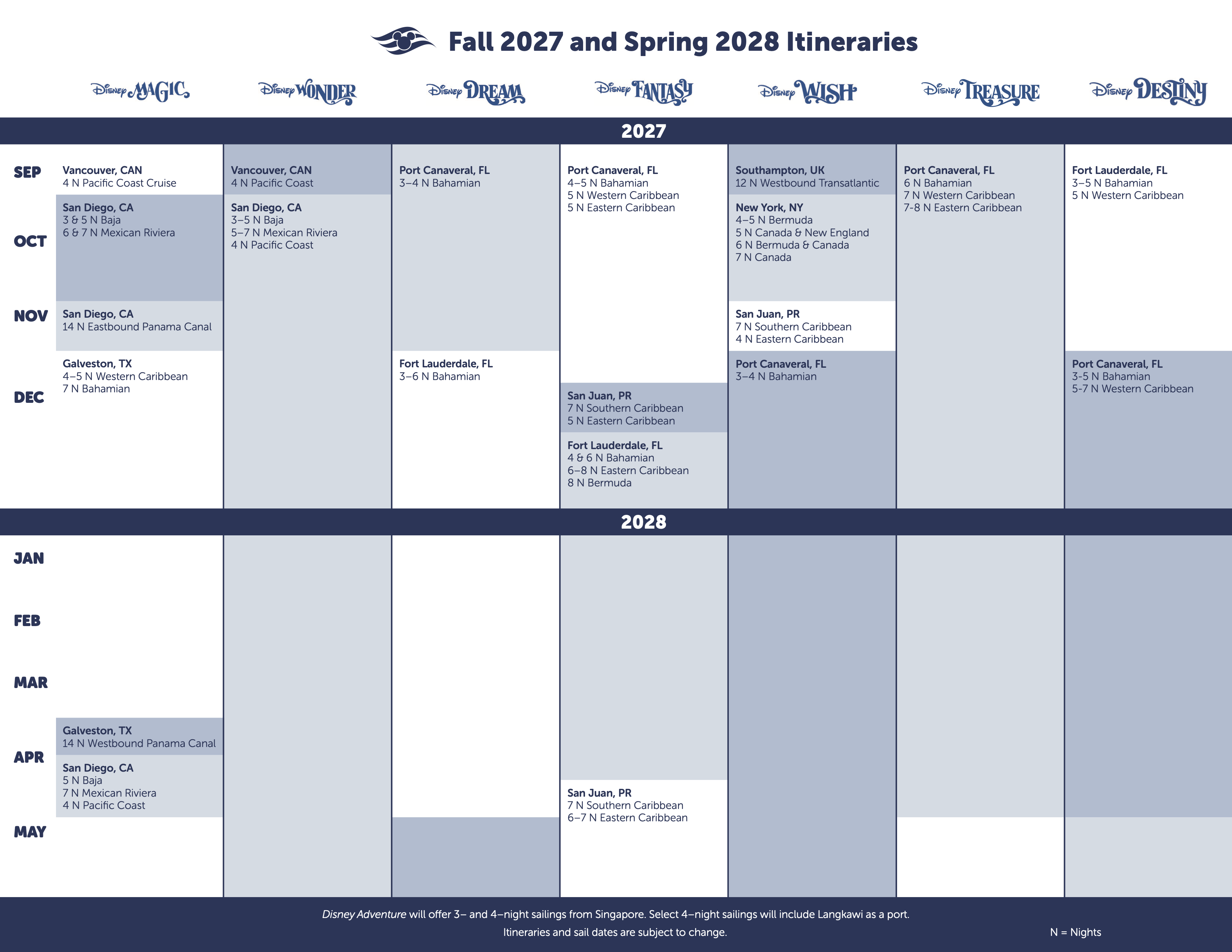 Disney Cruise Line Calendar Fall 27 Spring 28 Preview