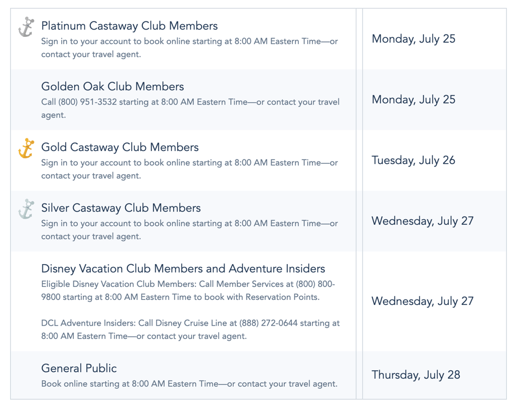Fall 2023 Disney Cruise Line Booking Schedule