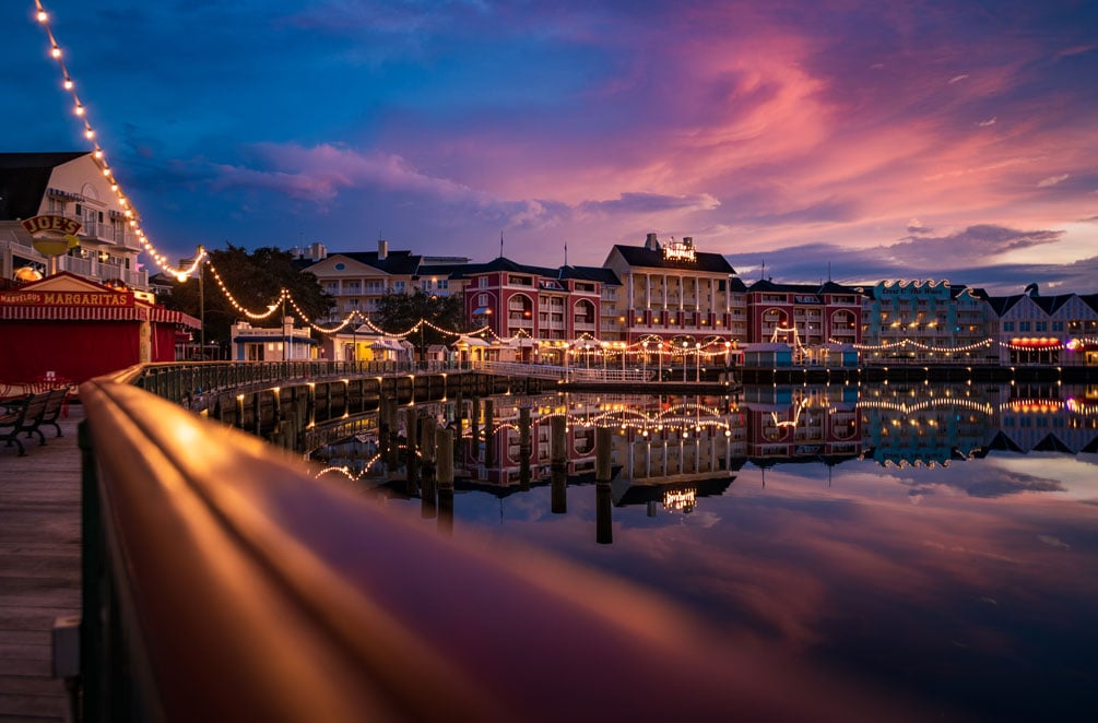 Disney's Boardwalk at night.