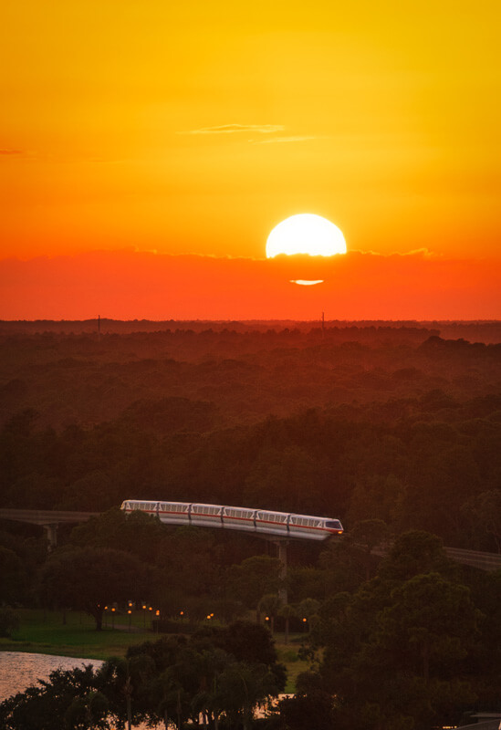 Sunset view of the monorail at Walt Disney World