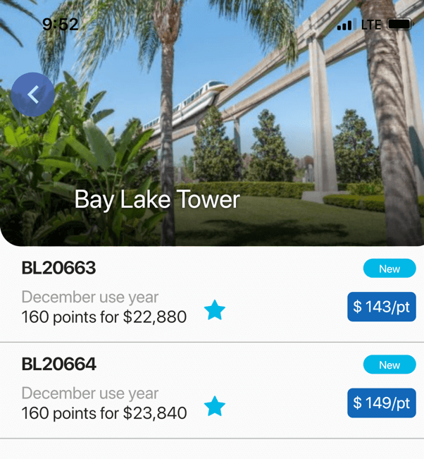 Screenshot of Listings within DVC Resale Market App