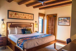 Wooden accents bring an earthy vibe to a bedroom