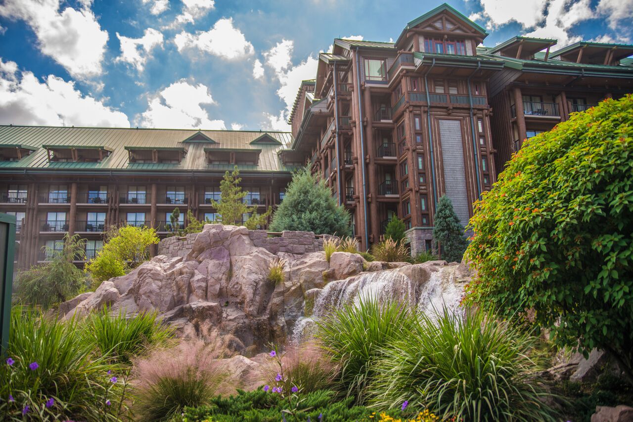 A waterfall trickles down at Disney's Wilderness Lodge