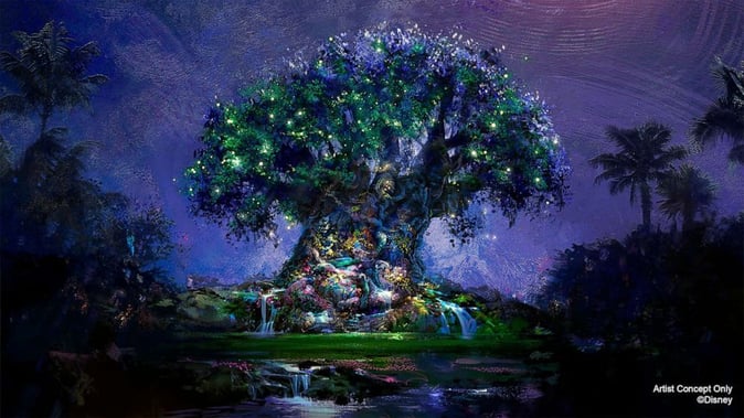Fireflies lighting up the great tree at Animal Kingdom for Walt Disney World's 50th Anniversary concept art