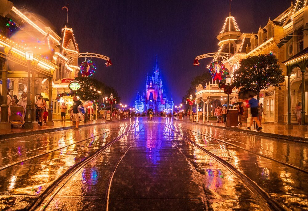 Christmas lights at night on Main Street in Magic Kingdom at Disney World