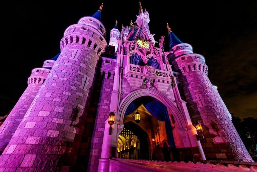 Disney's Cinderella castle lights at night