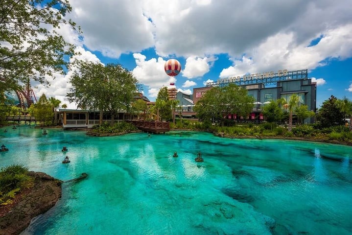 Disney Springs lagoon with an air balloon