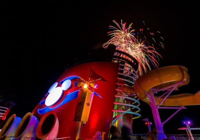 Fireworks over a Disney Cruise Line ship