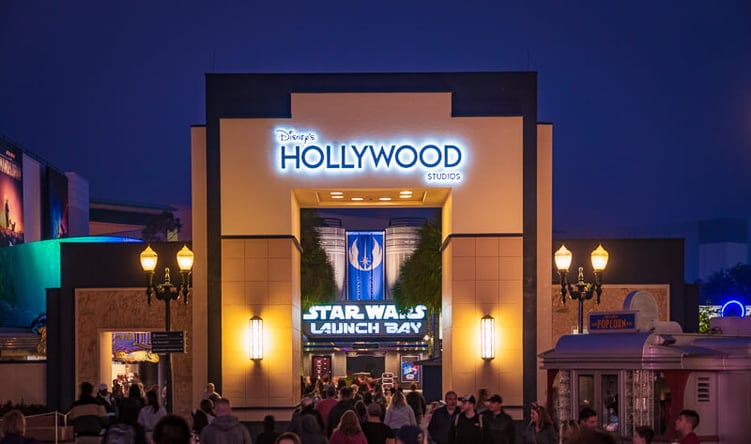 Disney's Hollywood Studios entrance at night