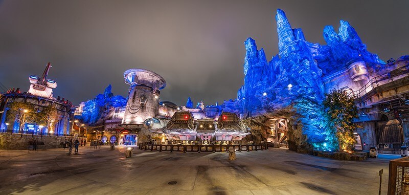 Star Wars Galaxy Edge night view with blue lighting