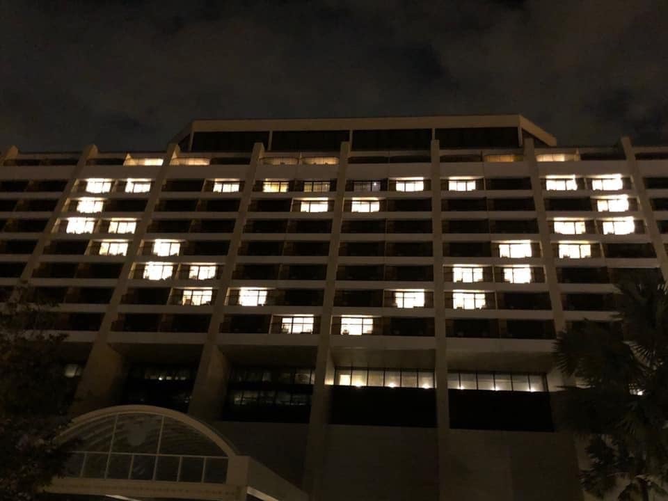 Heart shape lighting up the windows of Disney's Contemporary
