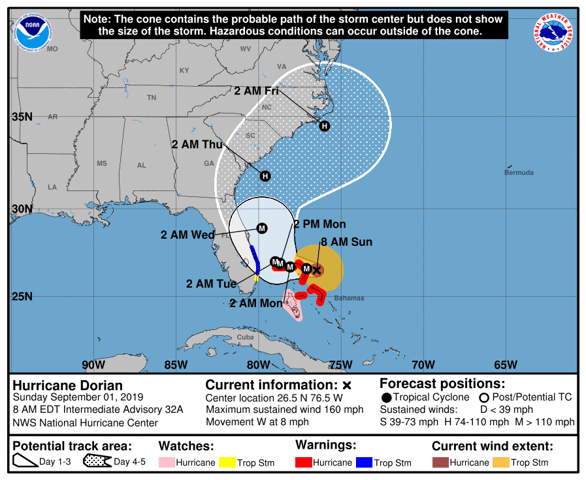 Hurricane Dorian projected map 8am Sunday September 1st.