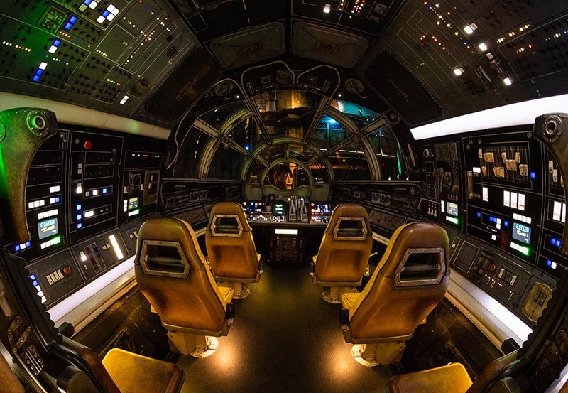 Cockpit view inside the Millennium Falcon at Disney's Star Wars Land