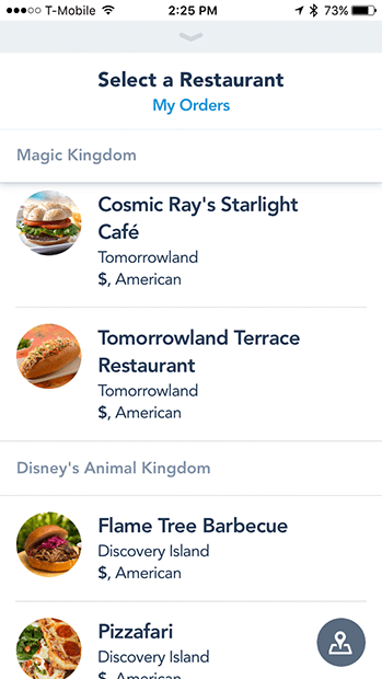 Restaurant selection screen in the Disney Mobile Order iOS app