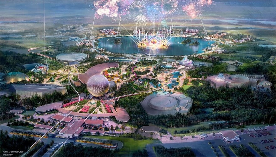 Transformation of Epcot artwork with fireworks