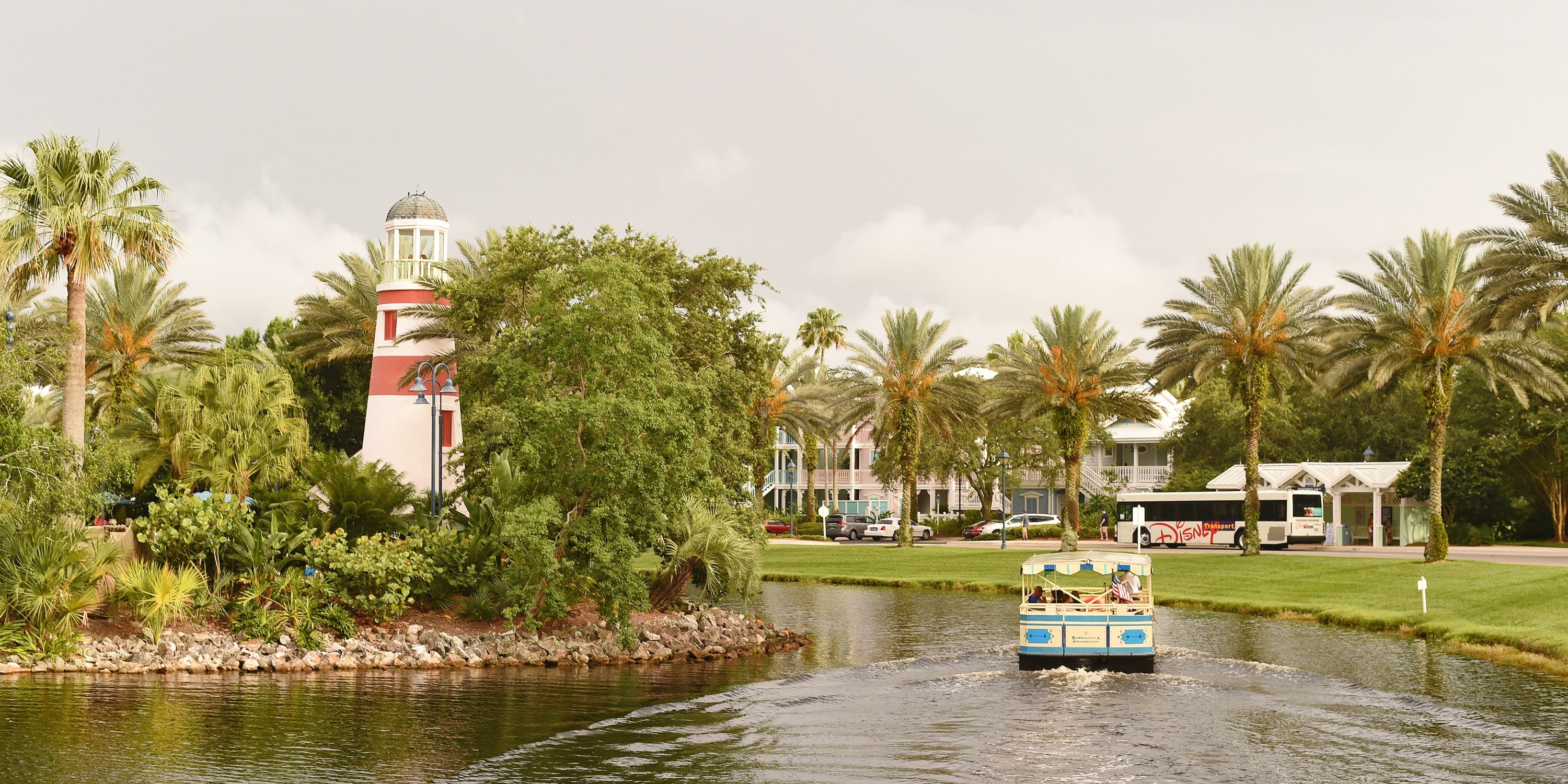 A boat makes its way down a canal at Disney's Old Key West Resort