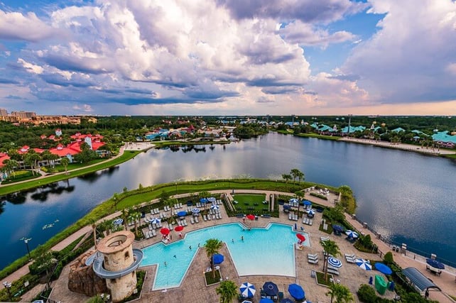 Aerial view of a beautiful resort at Walt Disney World in Orlando, Florida.